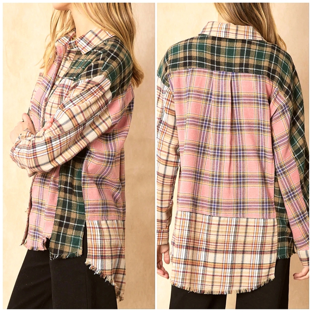 ENTRO  Asymmetrical Hem Flannel Boho Top ~ NWT